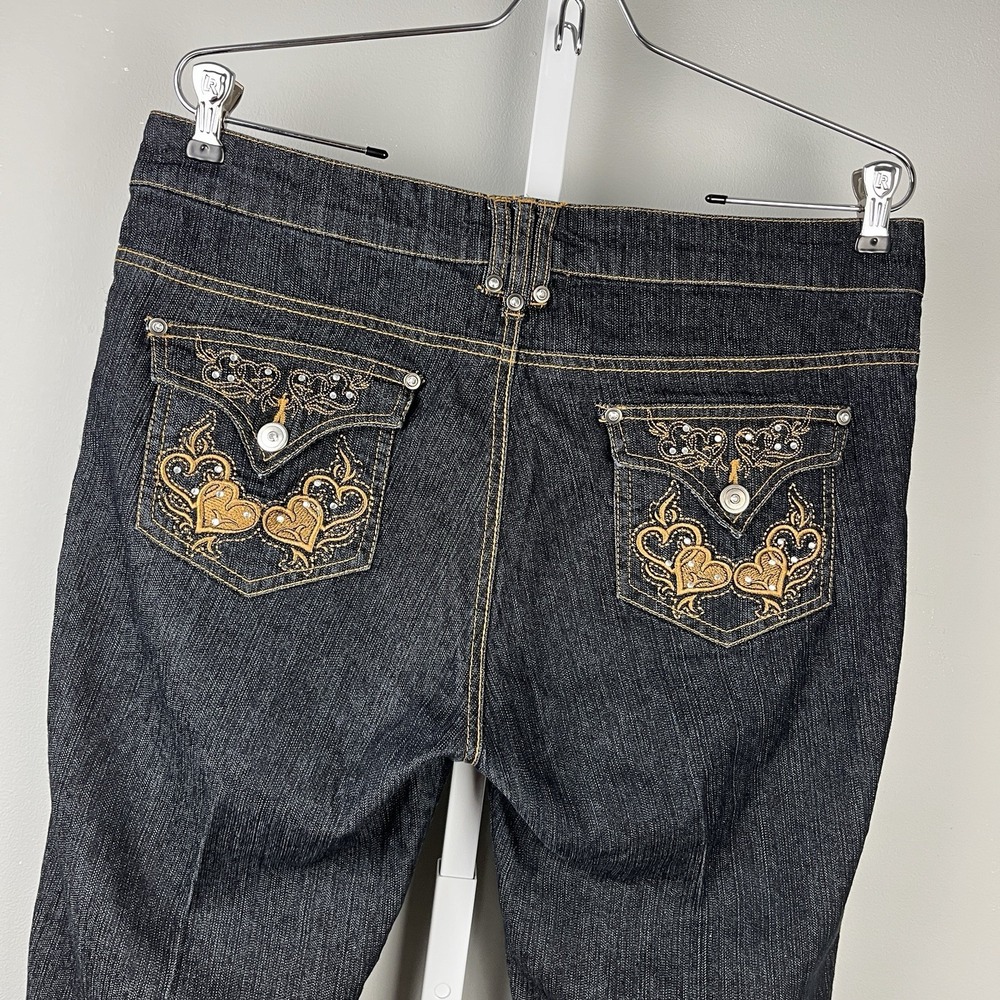 Street Jeans Denim Jeans Womens 12 Black Gold Embroidered Heart Embellished Y2K